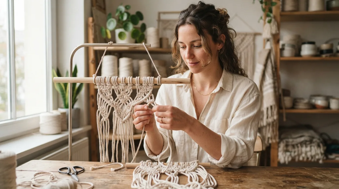 a woman creating a macrame wall hanging