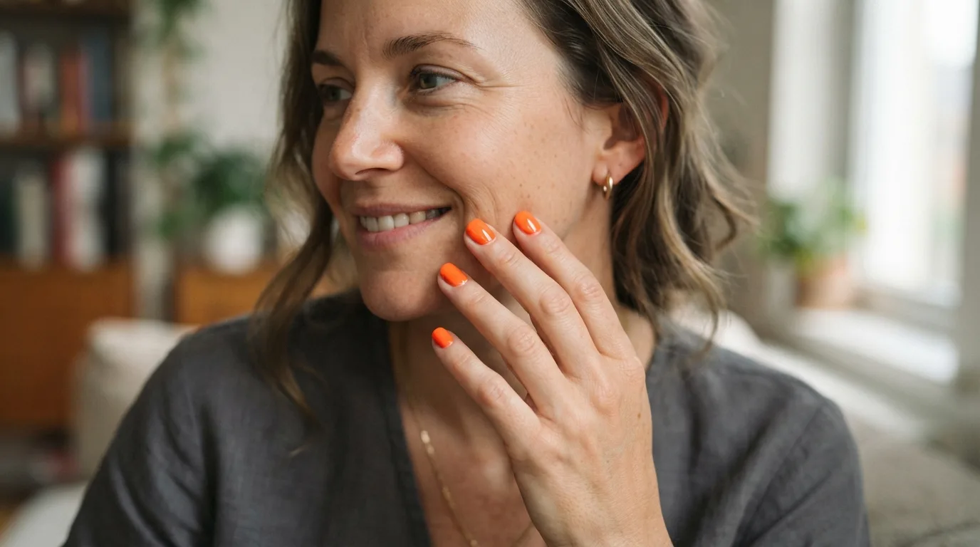 a woman with bright orange nail polish