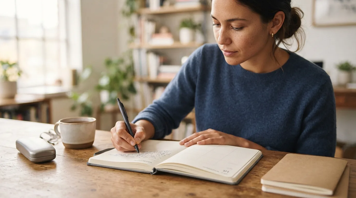 a person writing in a planner at a desk