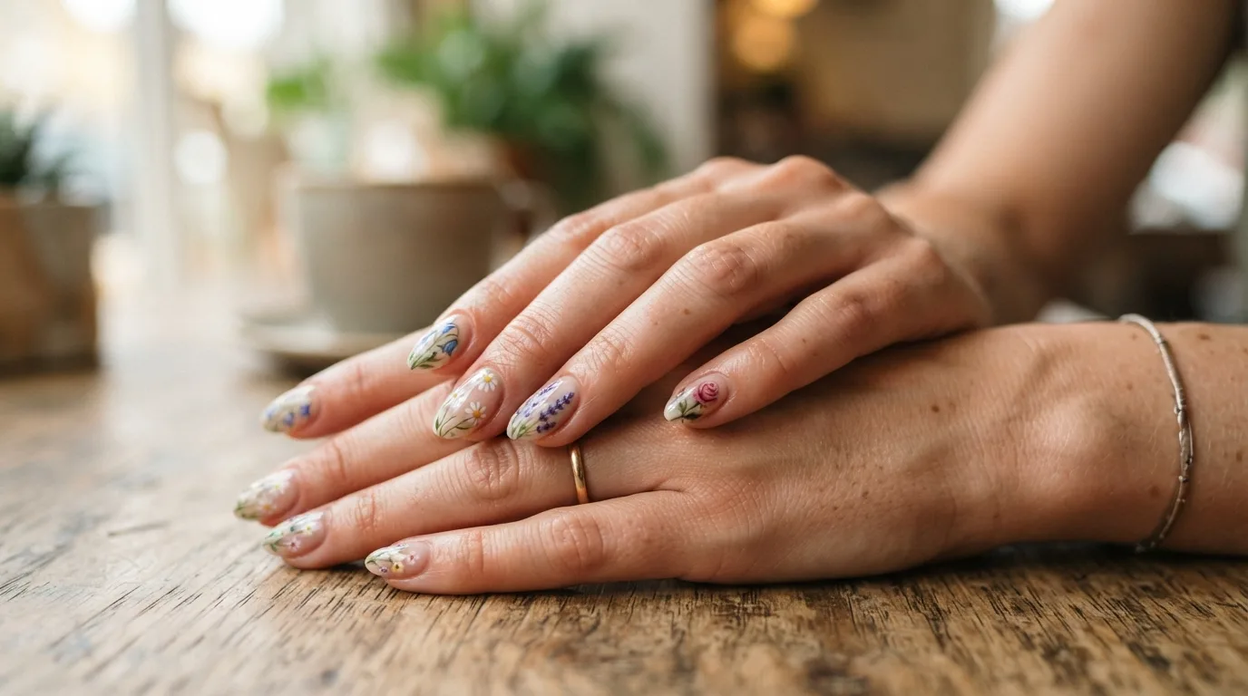 a woman's hands with floral nail art
