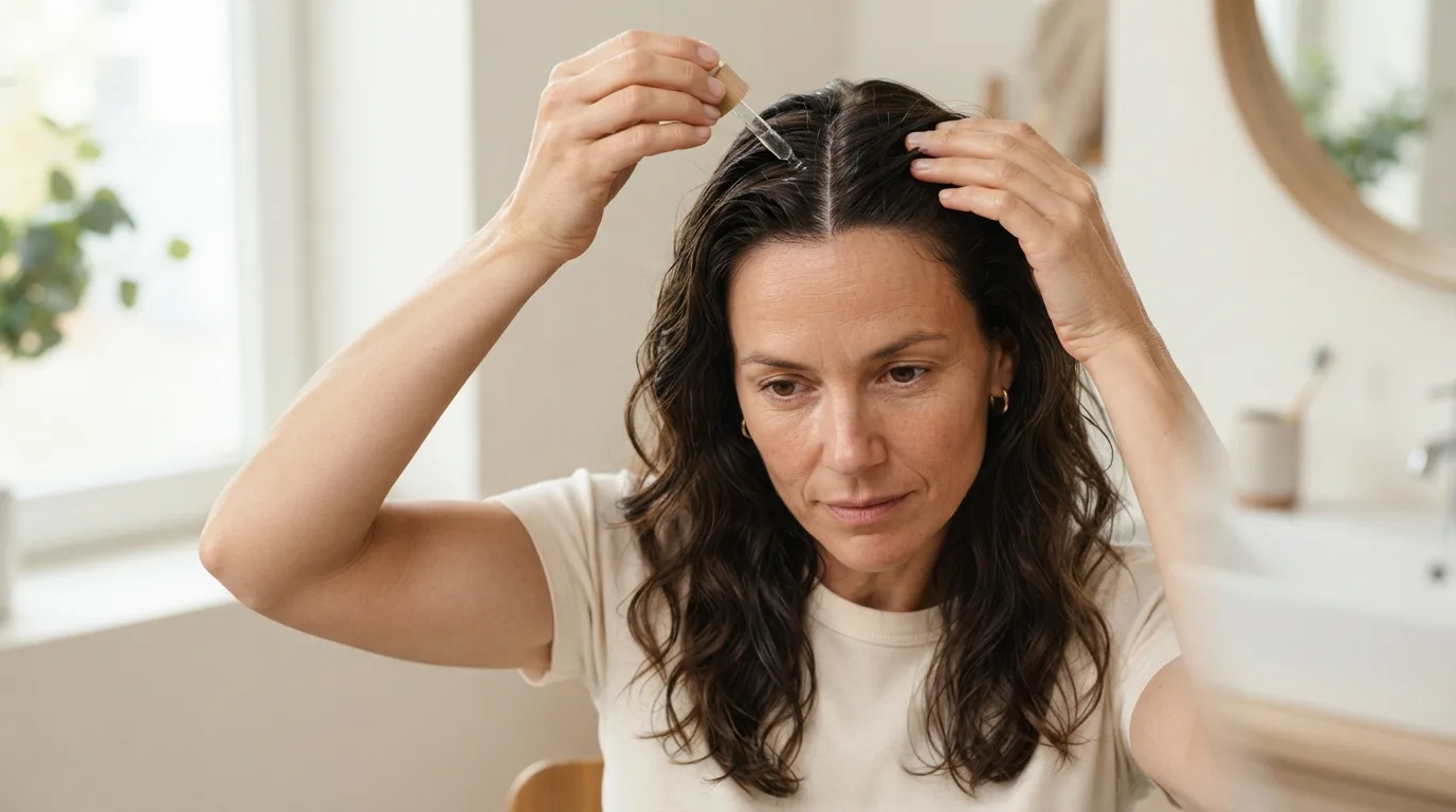 a woman applying a hair product to her scalp
