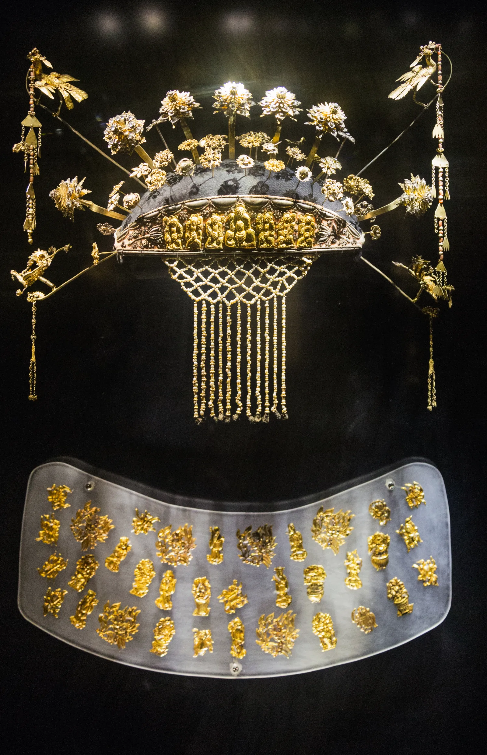 Peranakan Chinese bridal ensemble: headband, hair pins, lapel ornaments. Java, 19th century. Asian Civilisations Museum. Downtown Core, Central Region, Singapore.