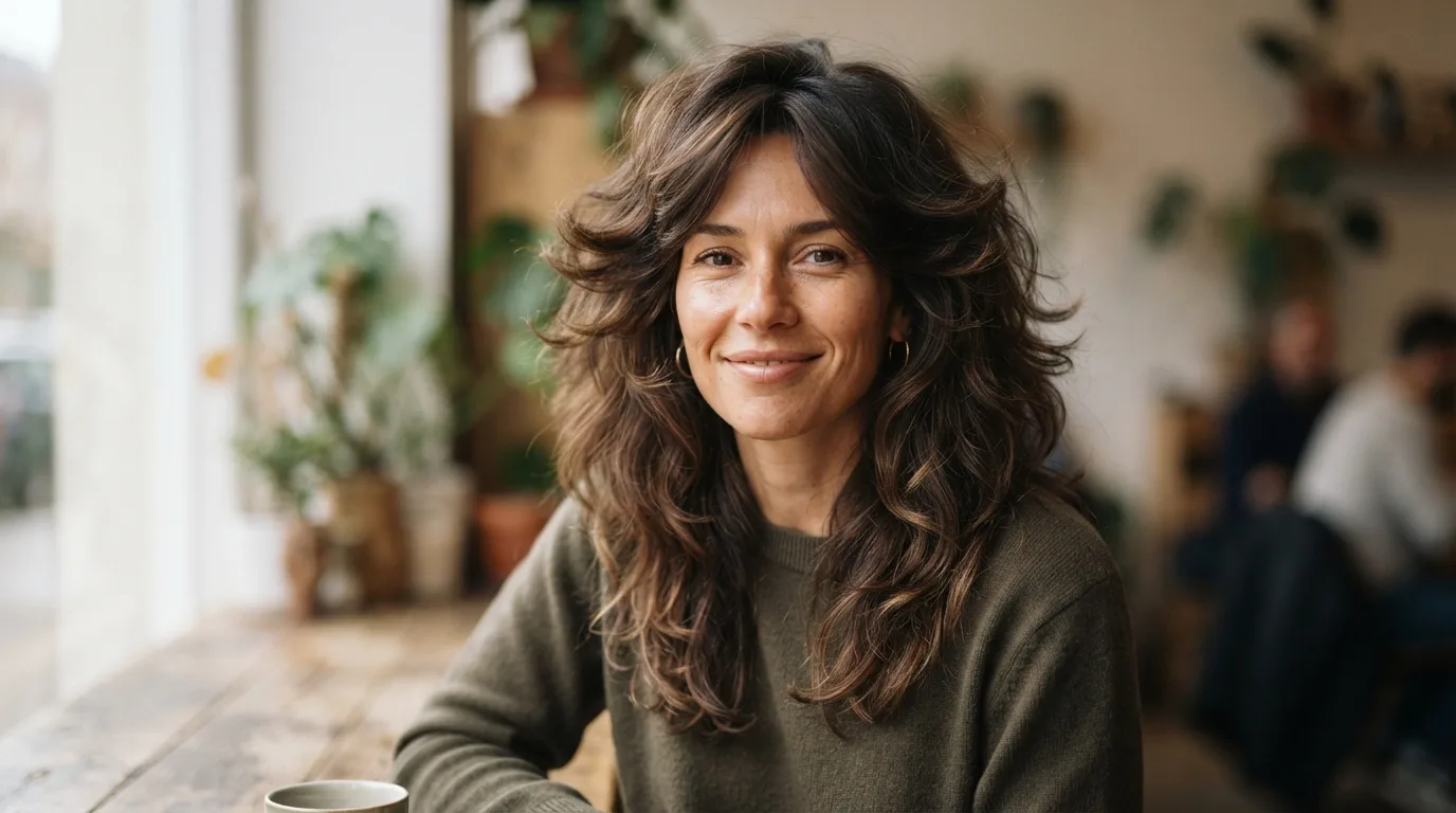 a woman with voluminous layered hair