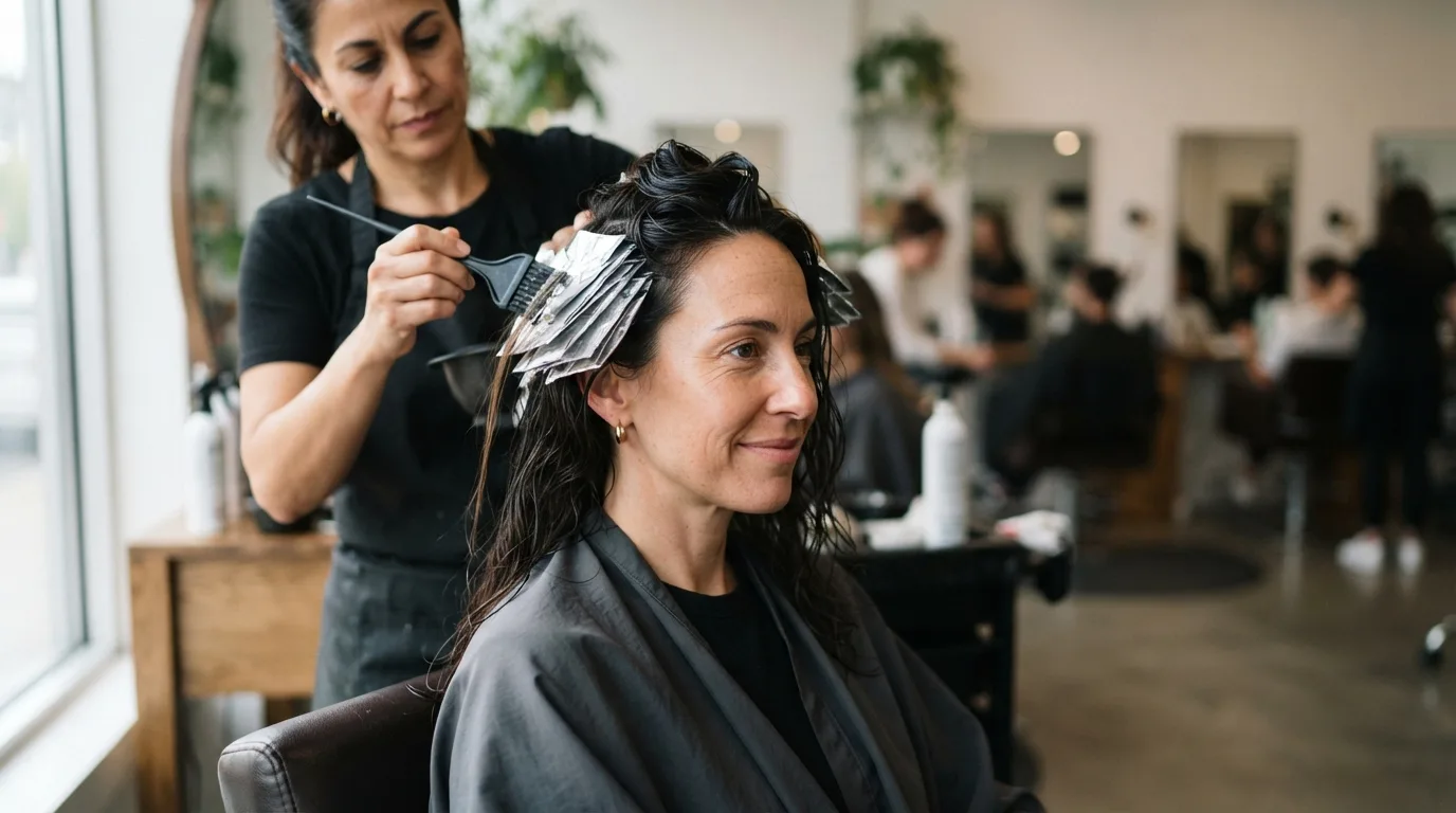 a woman with dark hair getting highlights at a salon