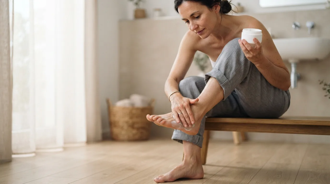 a person applying cream to their foot