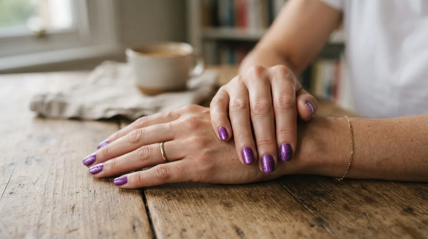 a woman's hands with purple glitter nail polish