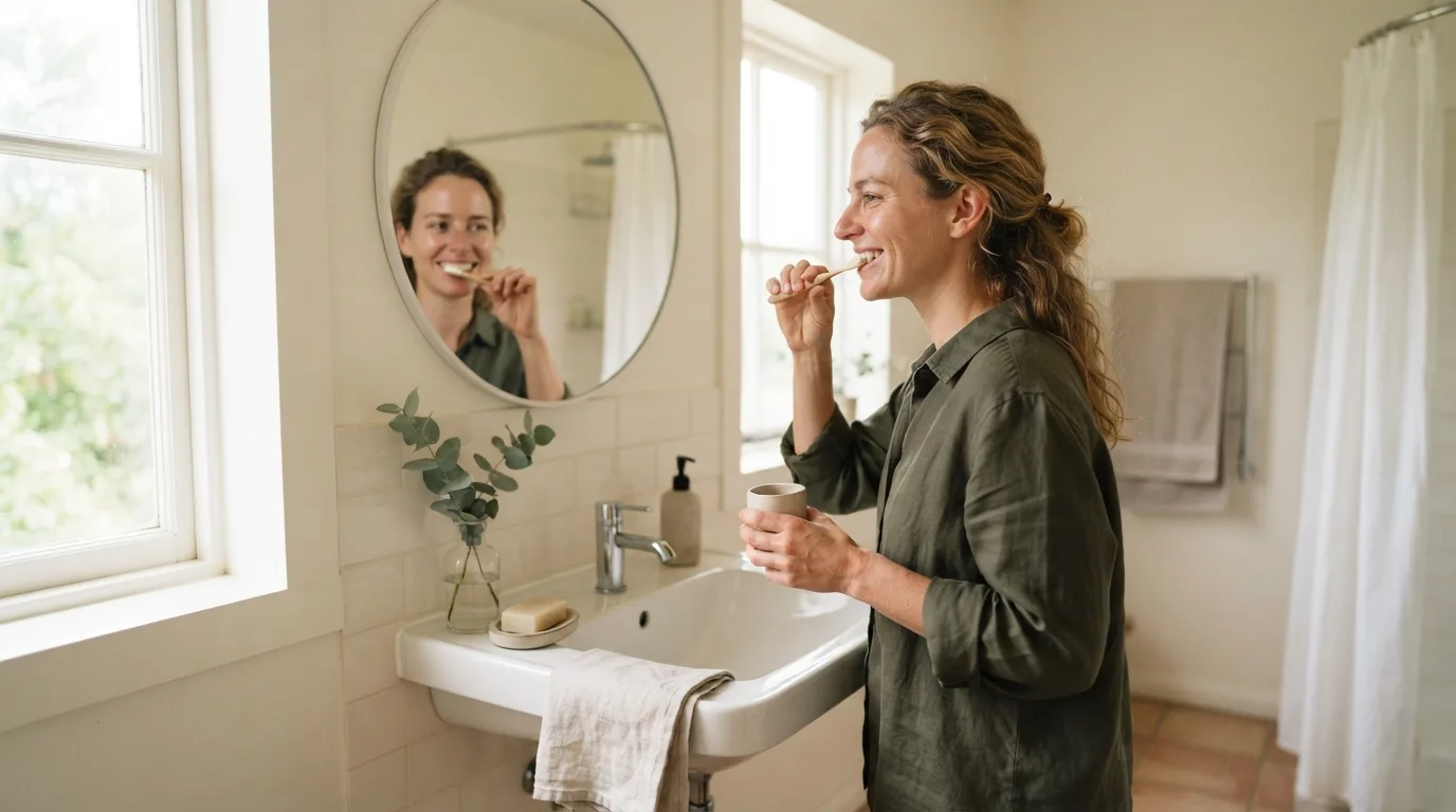 a woman in a bathroom