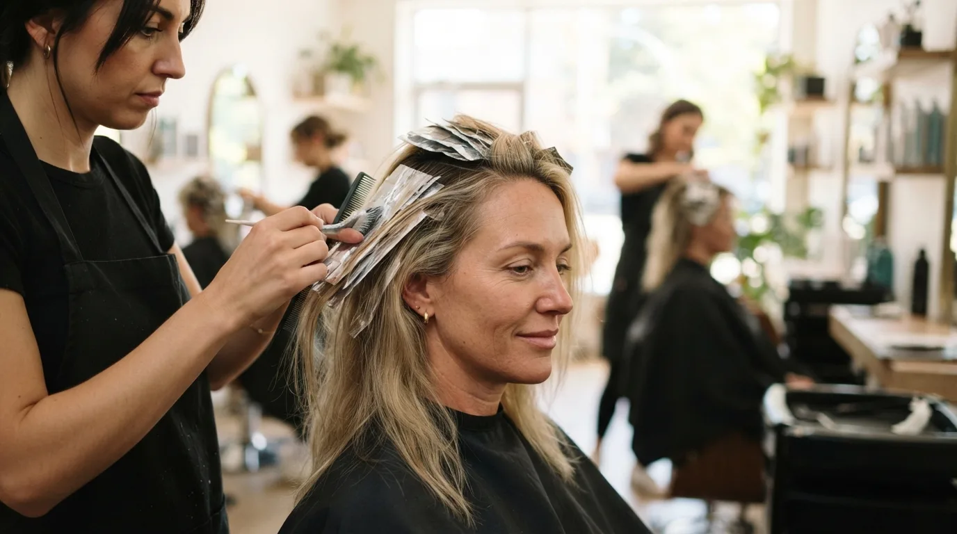 a woman with blonde hair having highlights applied