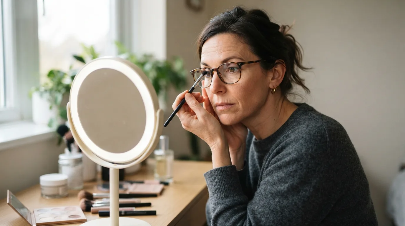 a woman applying makeup while wearing glasses