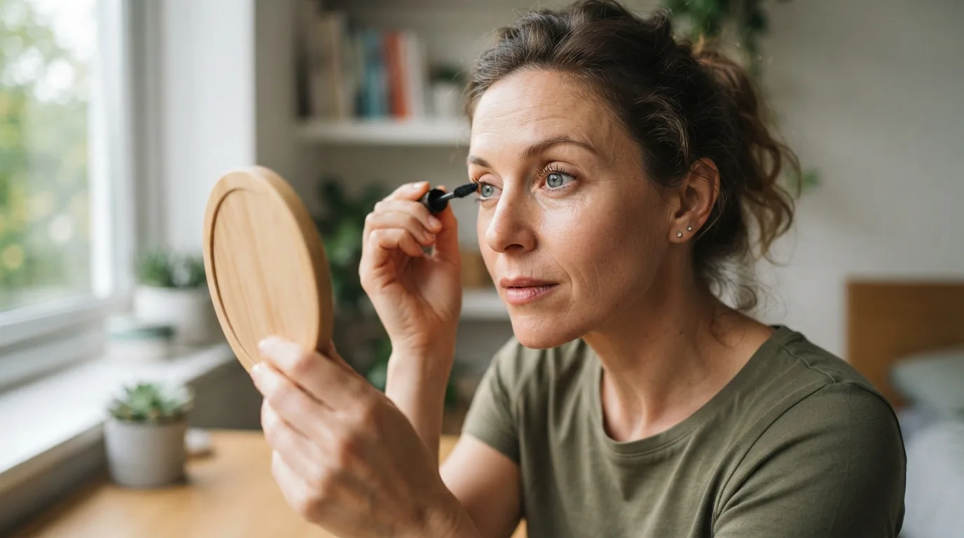 a woman applying eye makeup while wearing contact lenses