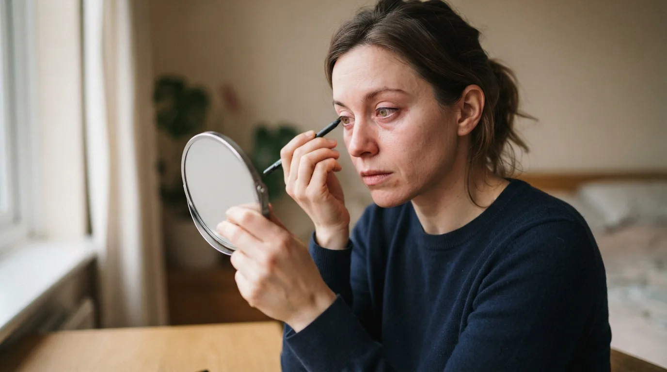 a woman applying eye makeup with a mirror