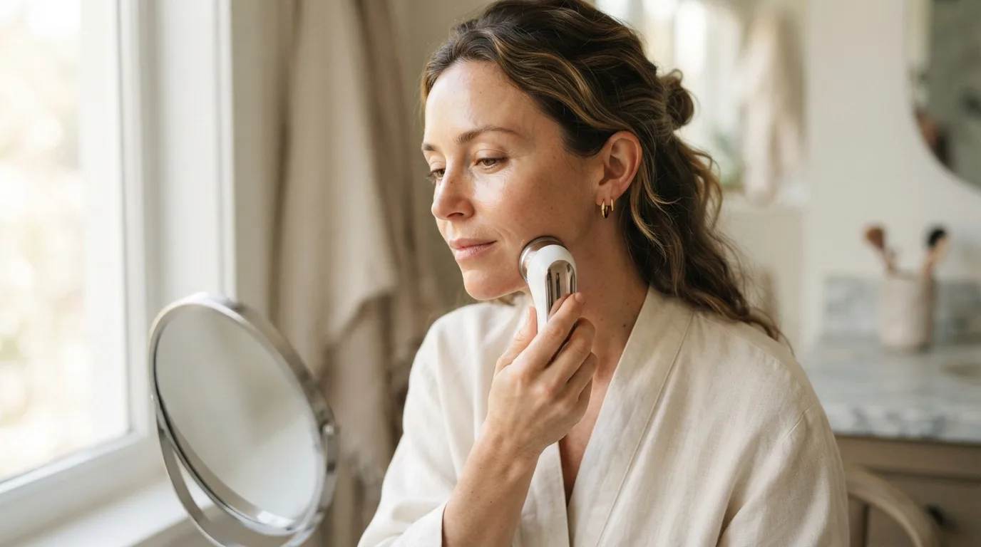 a woman using a handheld beauty device on her face