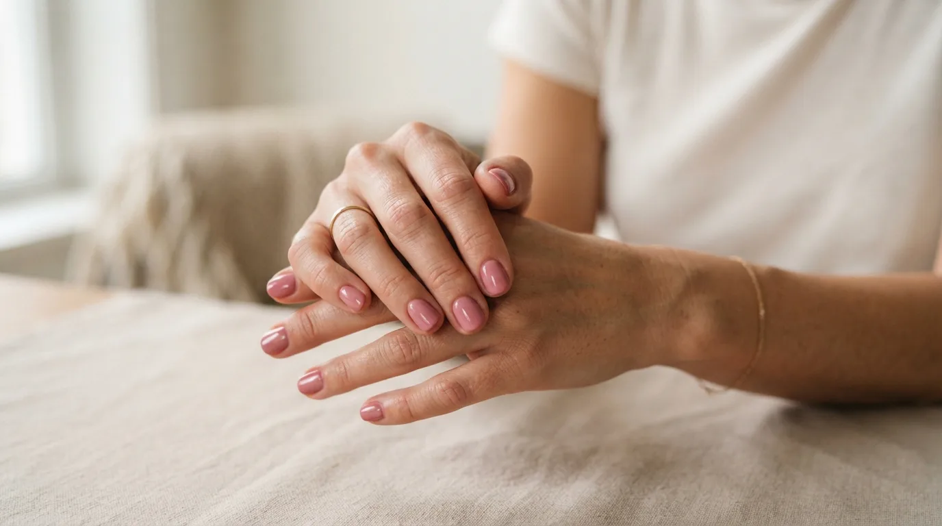 a woman's hands with painted nails on a neutral background