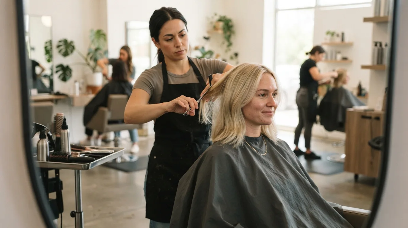 a woman with creamy blonde hair at a hair salon