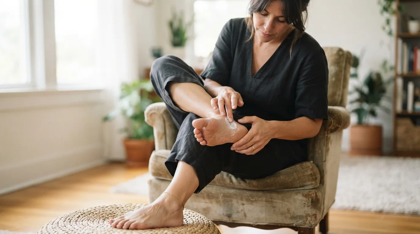 a person applying cream to their foot