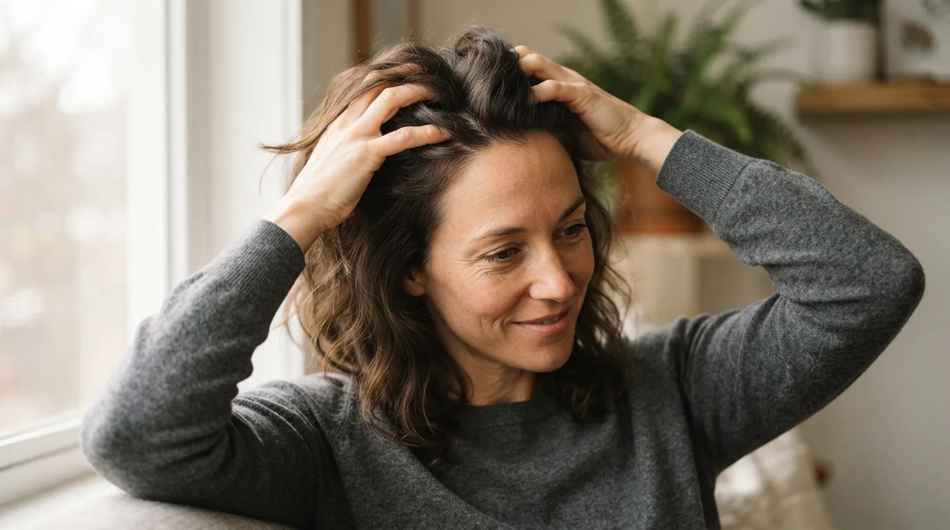 a woman gently touching or massaging her scalp and hair