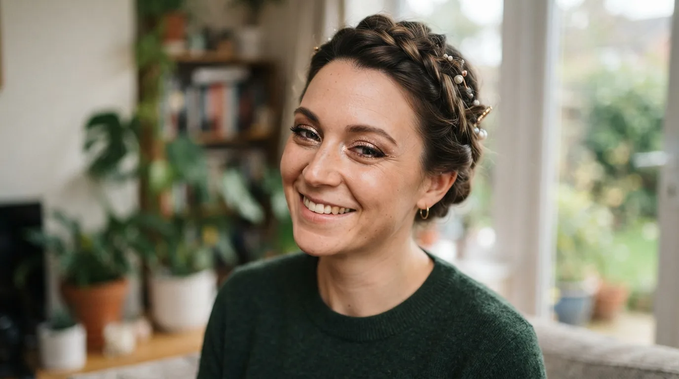 a woman with sparkly eye makeup and a festive hairstyle