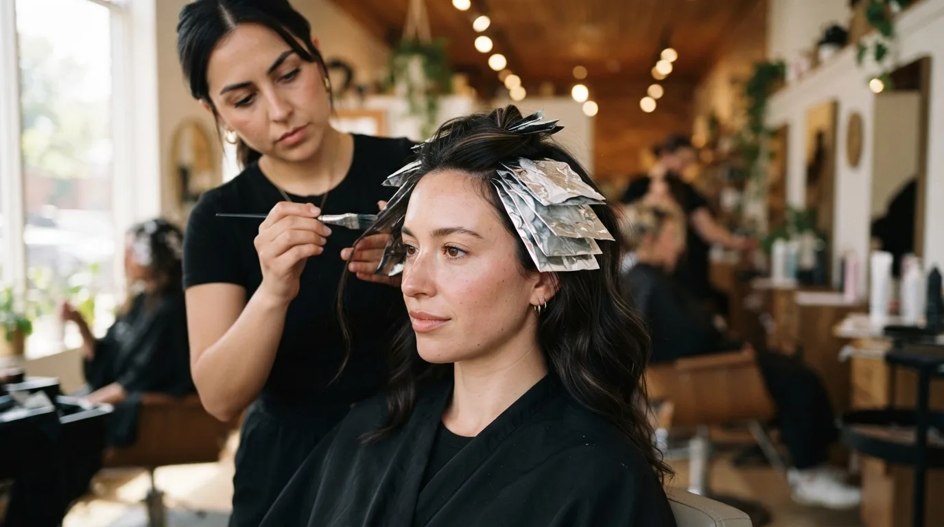 a woman with dark hair having highlights applied at a salon