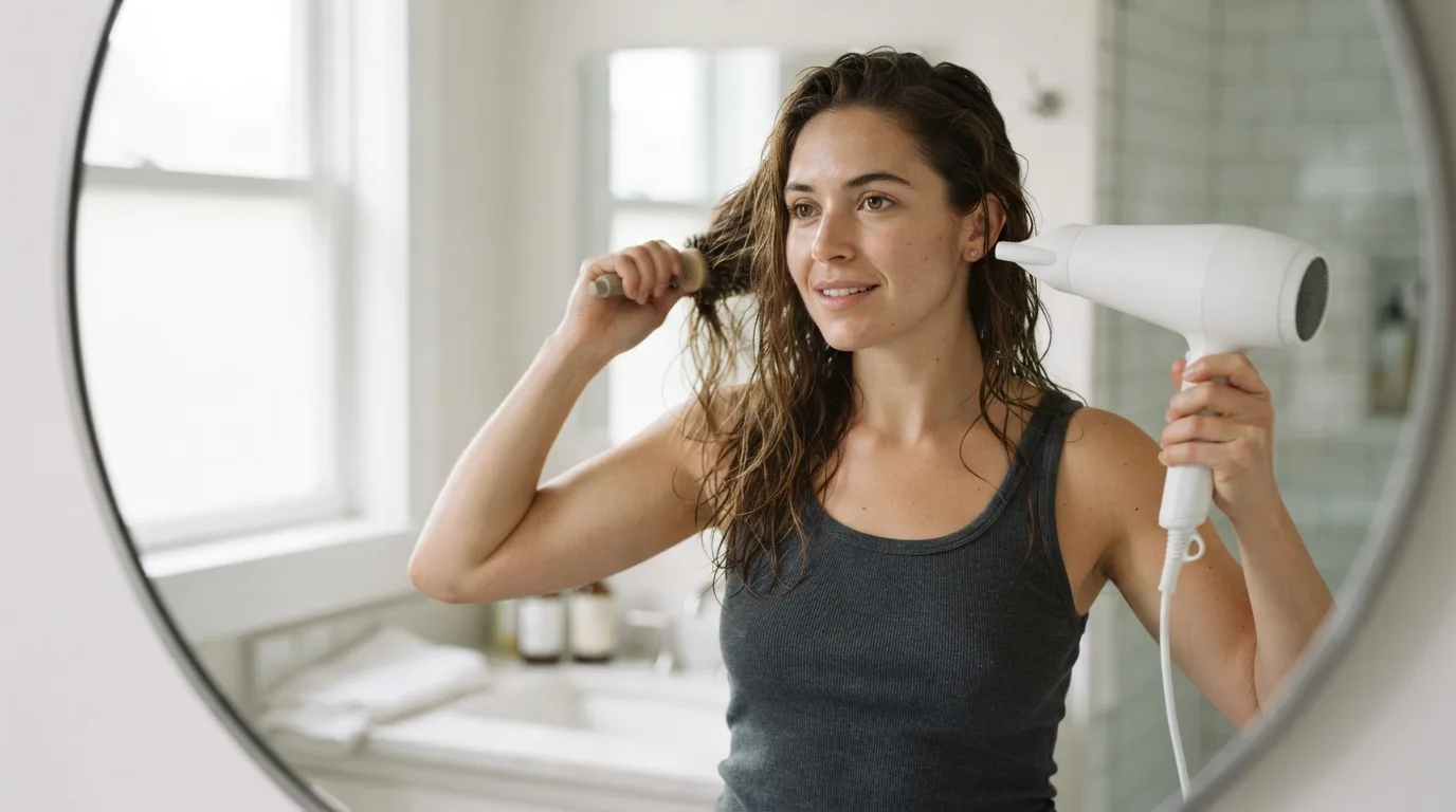 a woman blow-drying her hair in a bathroom