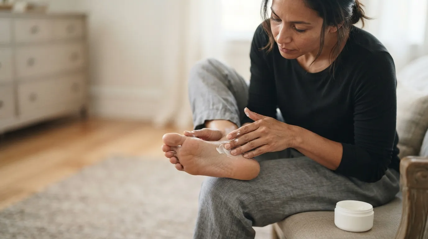 a person applying cream to their foot