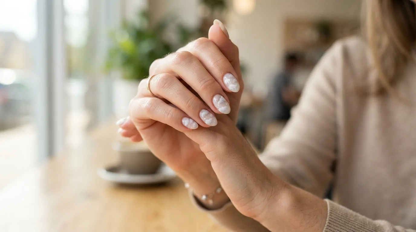 a woman showing her manicured nails with cloud-like nail art