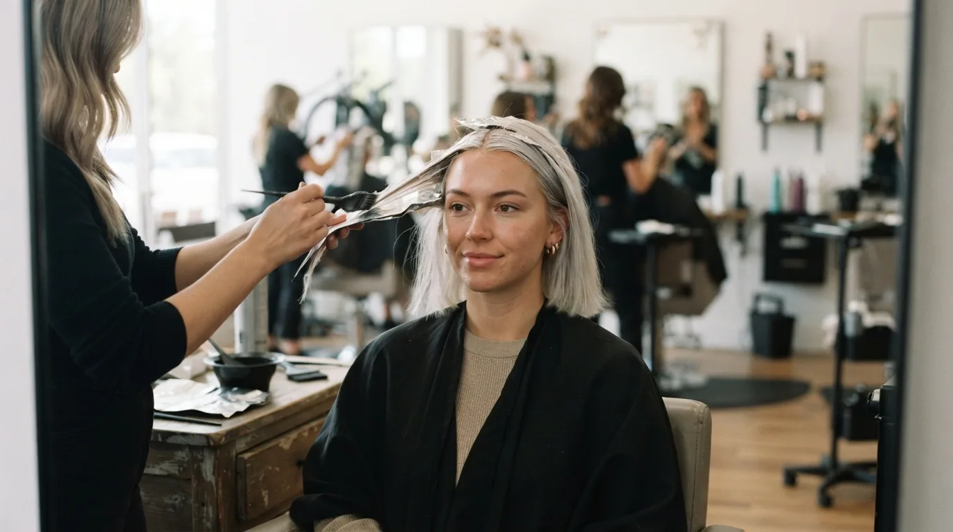 a woman with platinum blonde hair at a hair salon