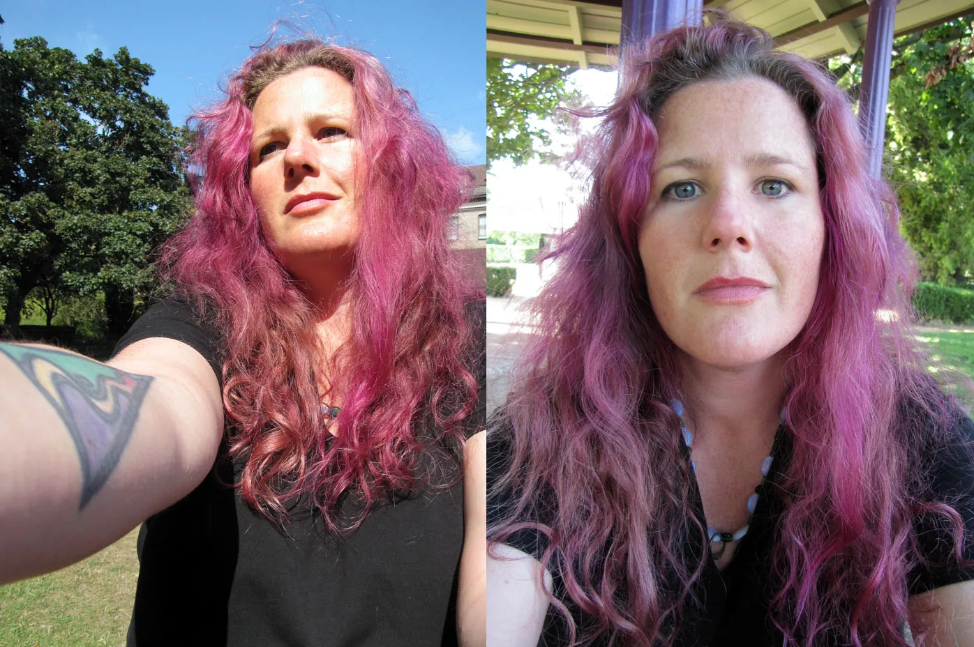 simple snapshots of me with purple hair!  next time i am doing it bright green! this color is a happy accident!  i dyed my hair bright red (blood red manic panic calls it) and didn't like it so i got some "color oops" and tried to remove it and it had a chemical REACTION and turned this purple/magentaish color!