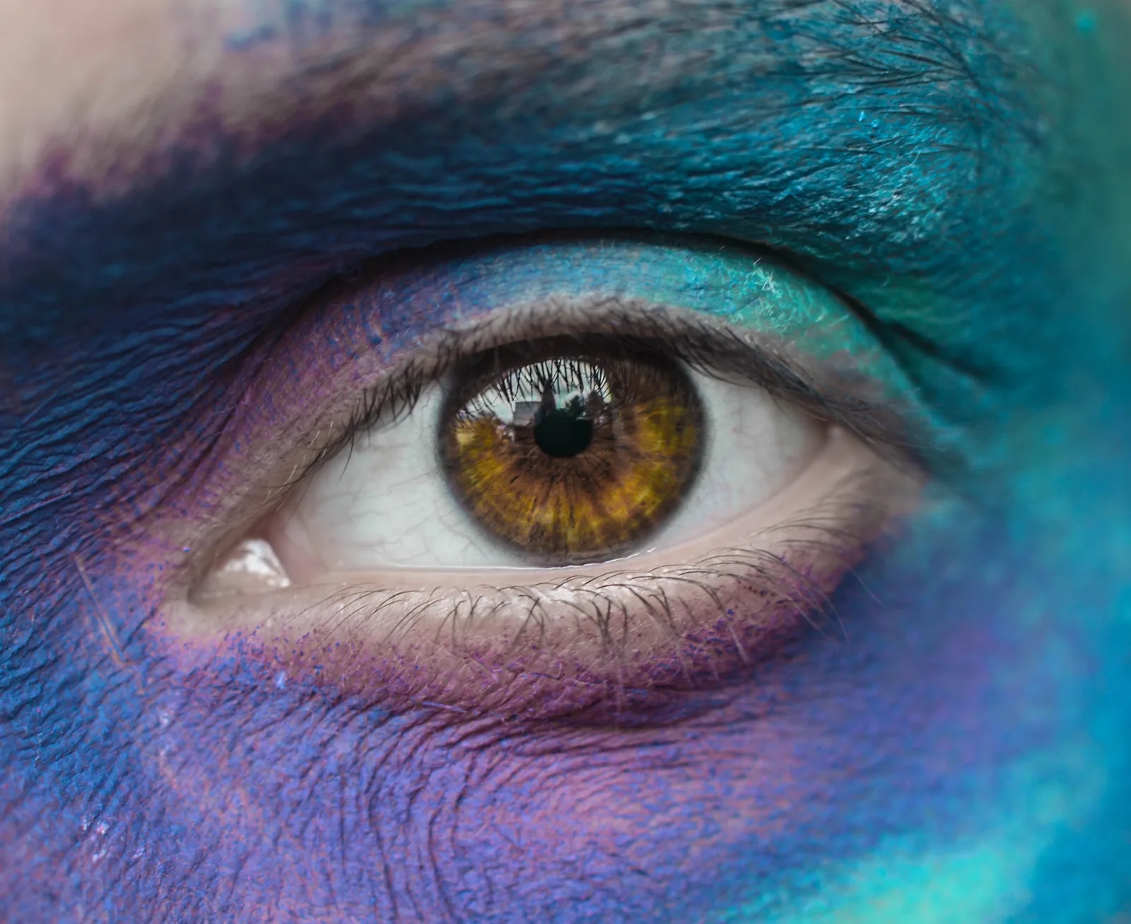 Hazel Eye with blue and purple makeup. Resembles the eye of the tiger.