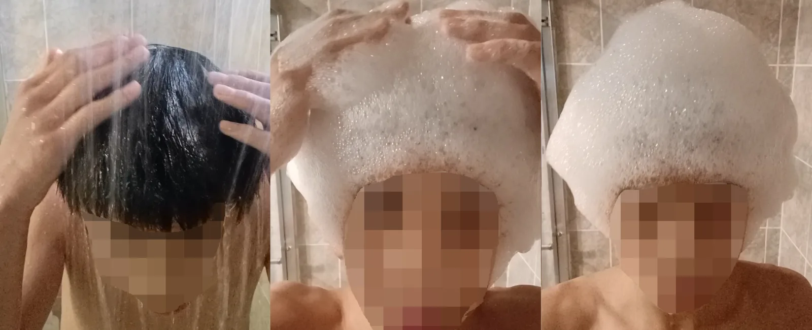Comparison of a person shampooing their hair. 
From left to right:
Wetting hair
Applying shampoo

Leaving the bubble on hair