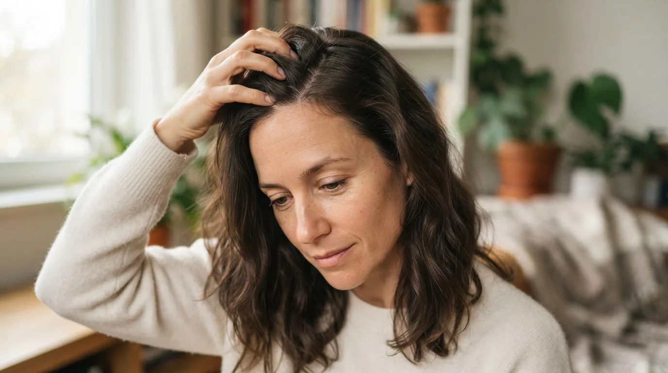 a woman gently touching or caring for her scalp