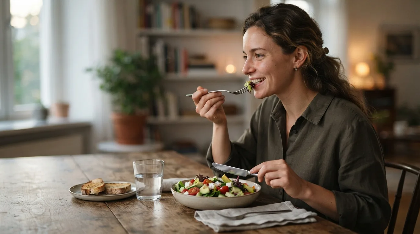 a person eating a light dinner at a table in the evening