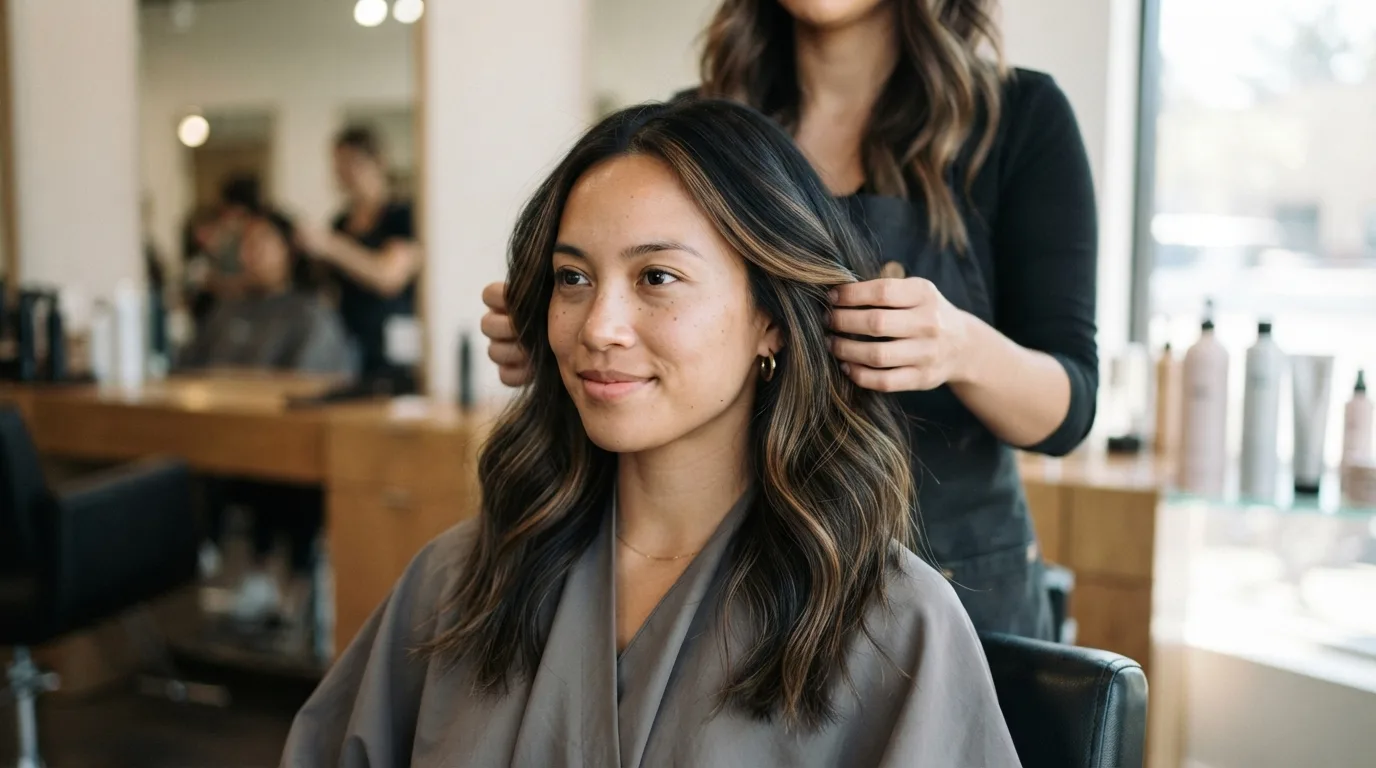 a woman with highlighted dark hair at a salon