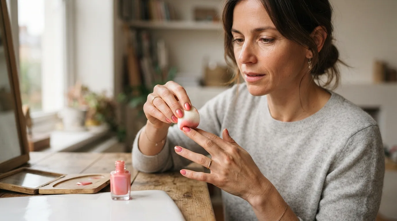 a woman applying nail polish with a sponge