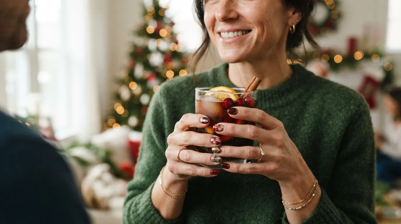 a woman with festive nail art holding a holiday drink or party decoration