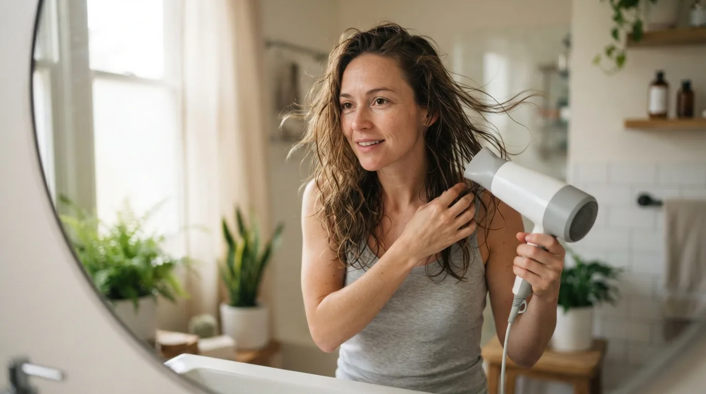 a woman drying her hair with a hair dryer