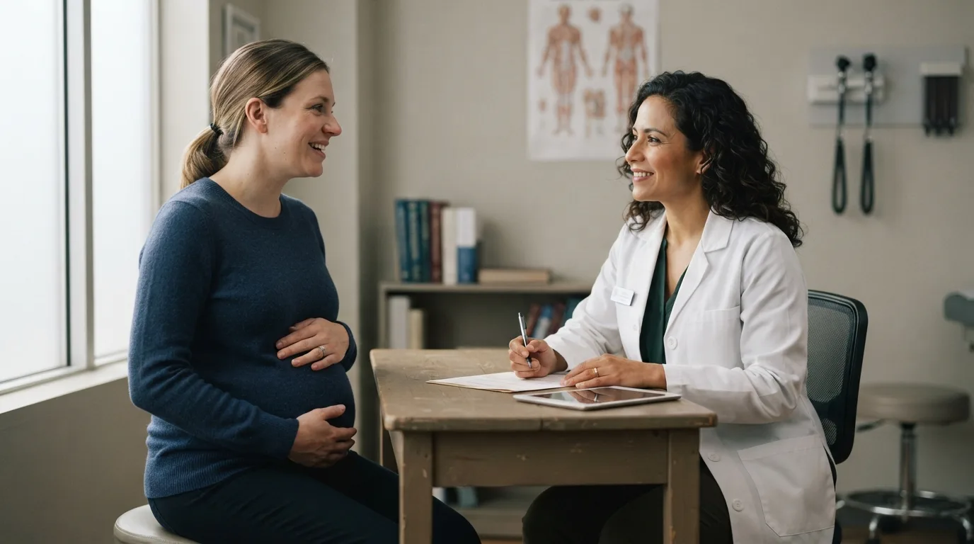 a pregnant woman talking with a doctor in a clinic