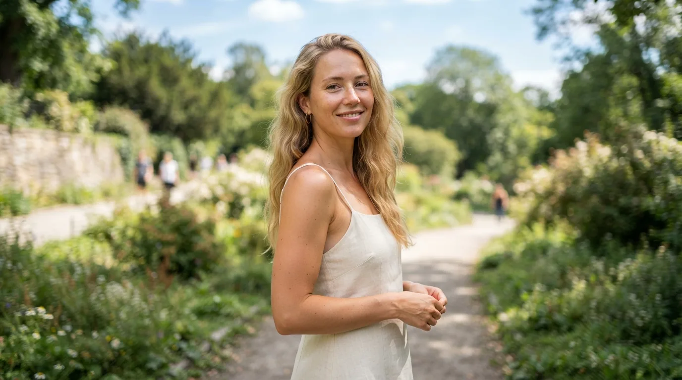 a woman with long blonde hair posing outdoors in summer