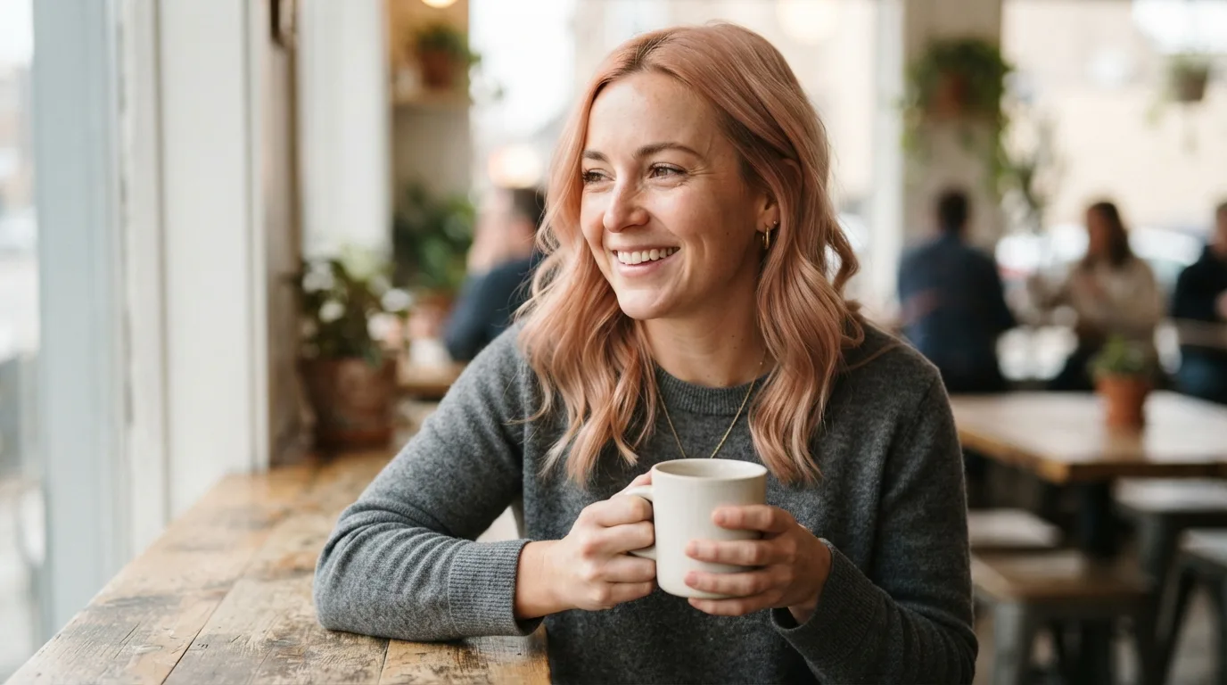a woman with rose-gold blonde hair