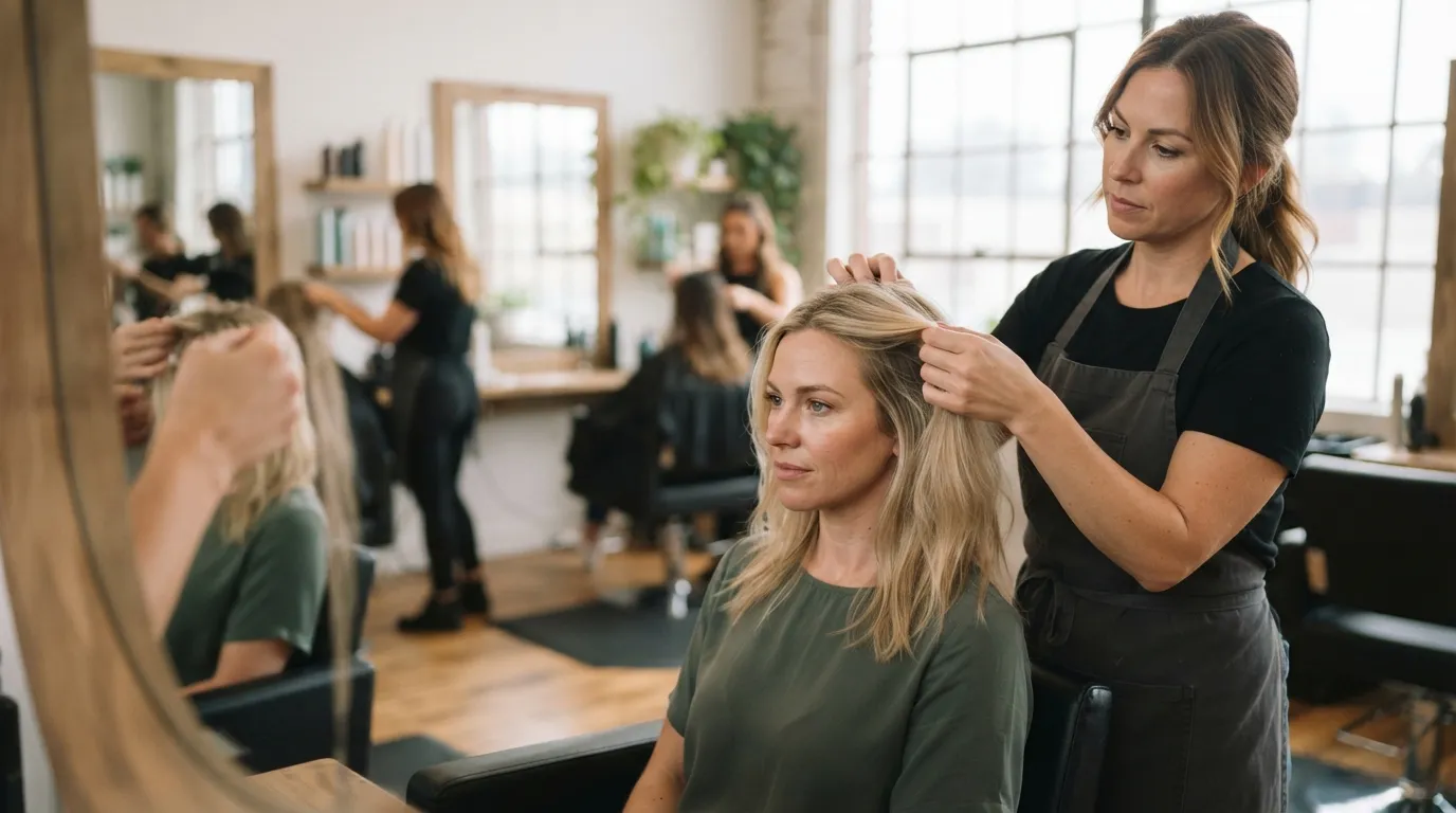 a woman with blonde hair being examined by a stylist in a salon