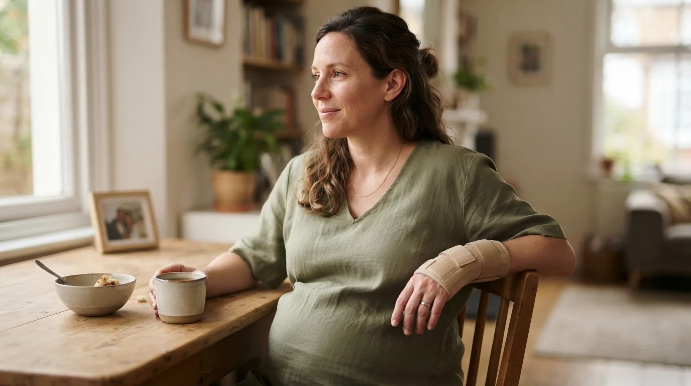 a pregnant woman wearing a wrist brace