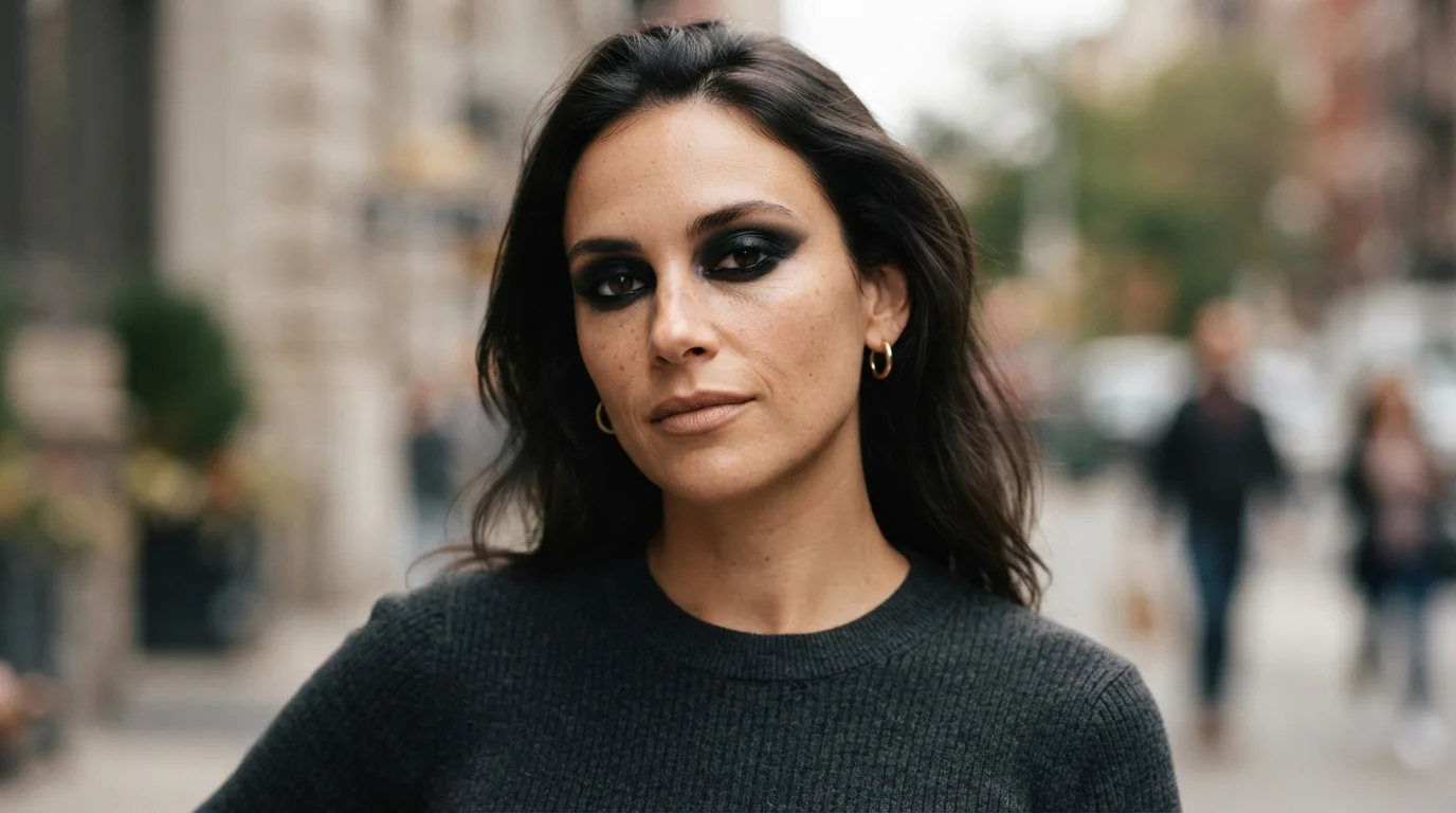 a woman with dramatic dark eye makeup
