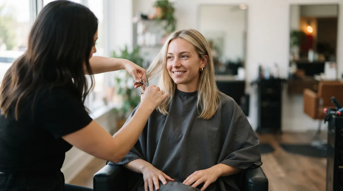 a woman with light blonde hair at a hair salon