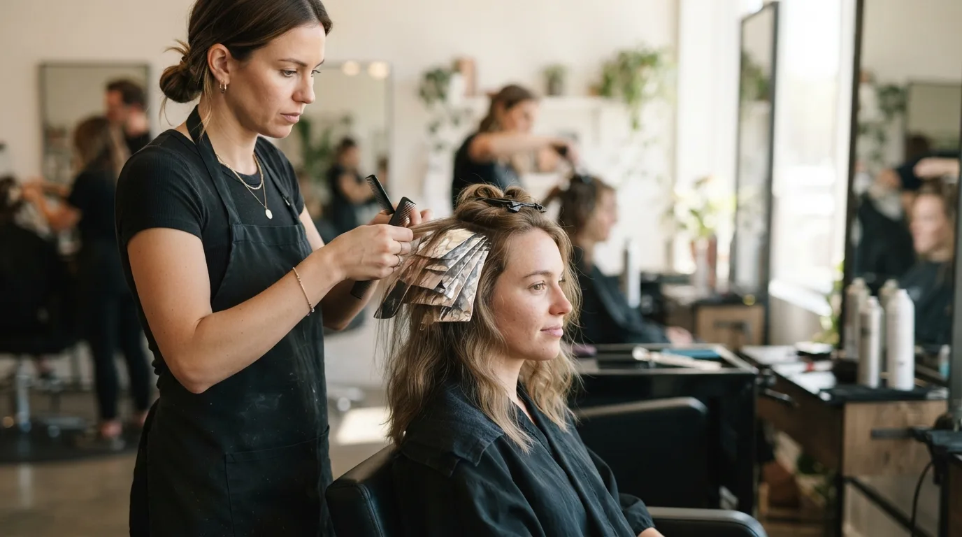 a hairstylist applying foils to a woman's hair at a salon