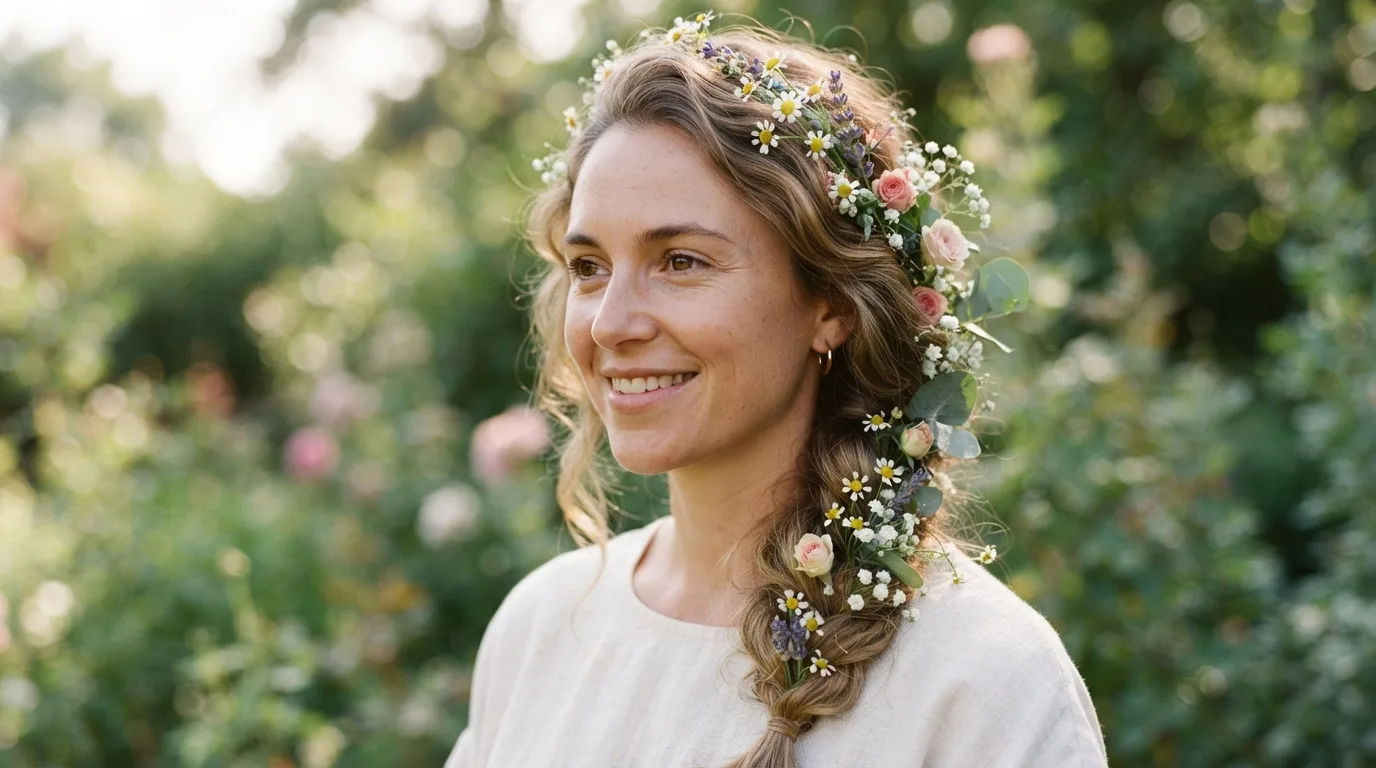 a woman with fresh flowers woven into her hair