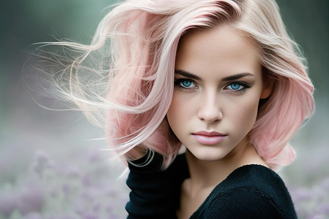 kobieta, model, blondynka, różowe włosy, blond włosy, dziewczynka, moda, czarna sukienka, portret