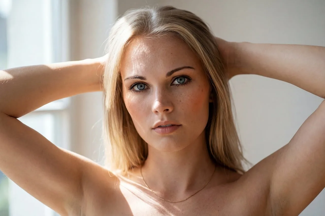 kobieta, młoda, blond włosy, uśmiech, naturalny, światło, światło słoneczne, portret, niebieskie oczy, wewnątrz, moda, piękno, model, estetyka, okno, naturalne światło, poza, pewny siebie, jasny, krótkie włosy, szczegół