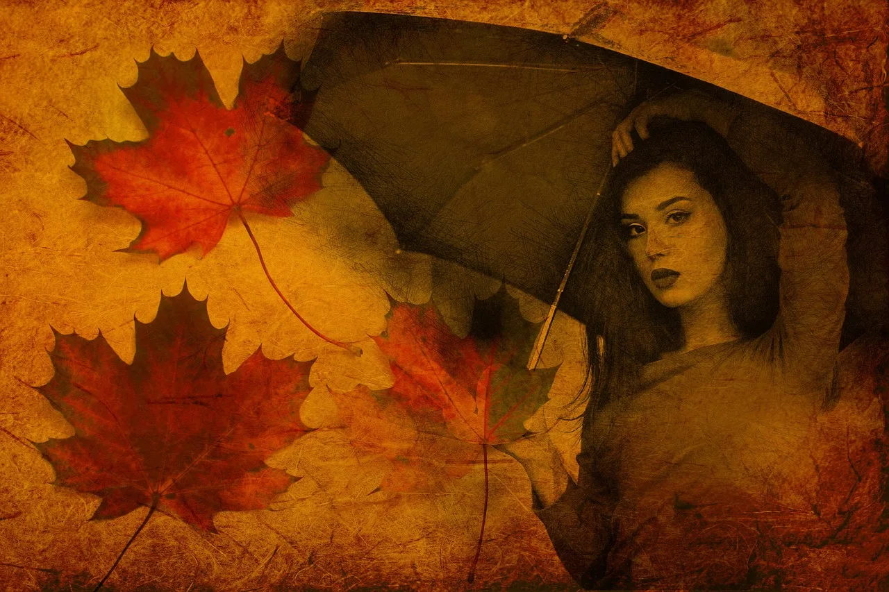 jesień, dziewczyna, parasol, liście, młoda, modelka, natura, kobieta, woman