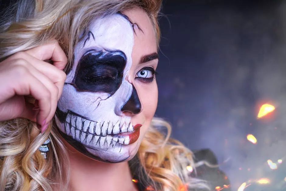 Eye-catching Halloween makeup featuring a half skull design on a woman's face.