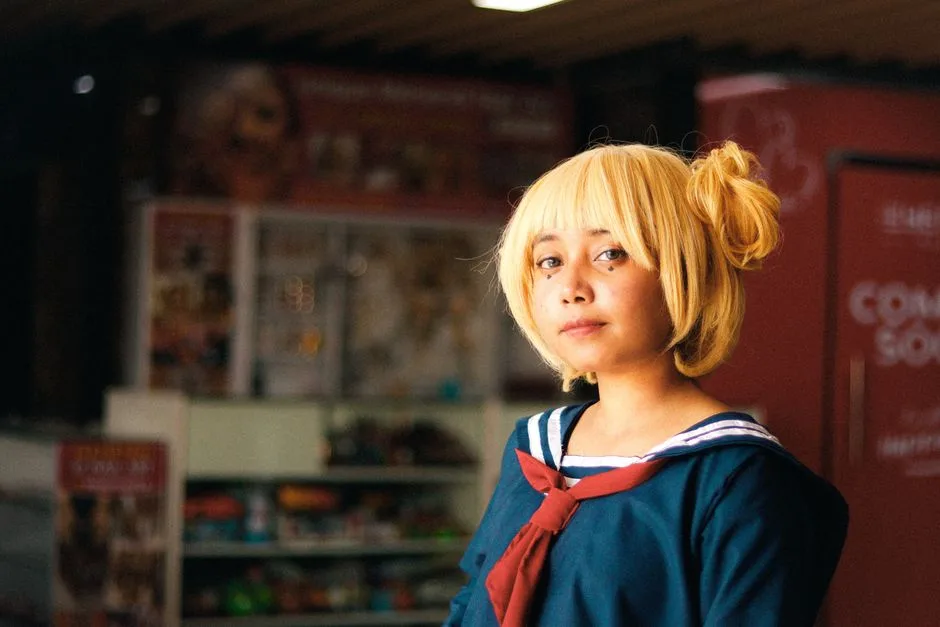 Cosplayer with blonde wig in sailor suit posing indoors. Perfect for cosplay and lifestyle themes.