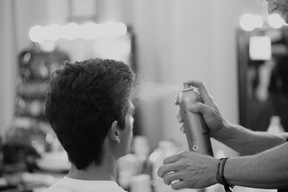 A hairdresser styling a man's hair in a Barcelona salon, using hairspray.